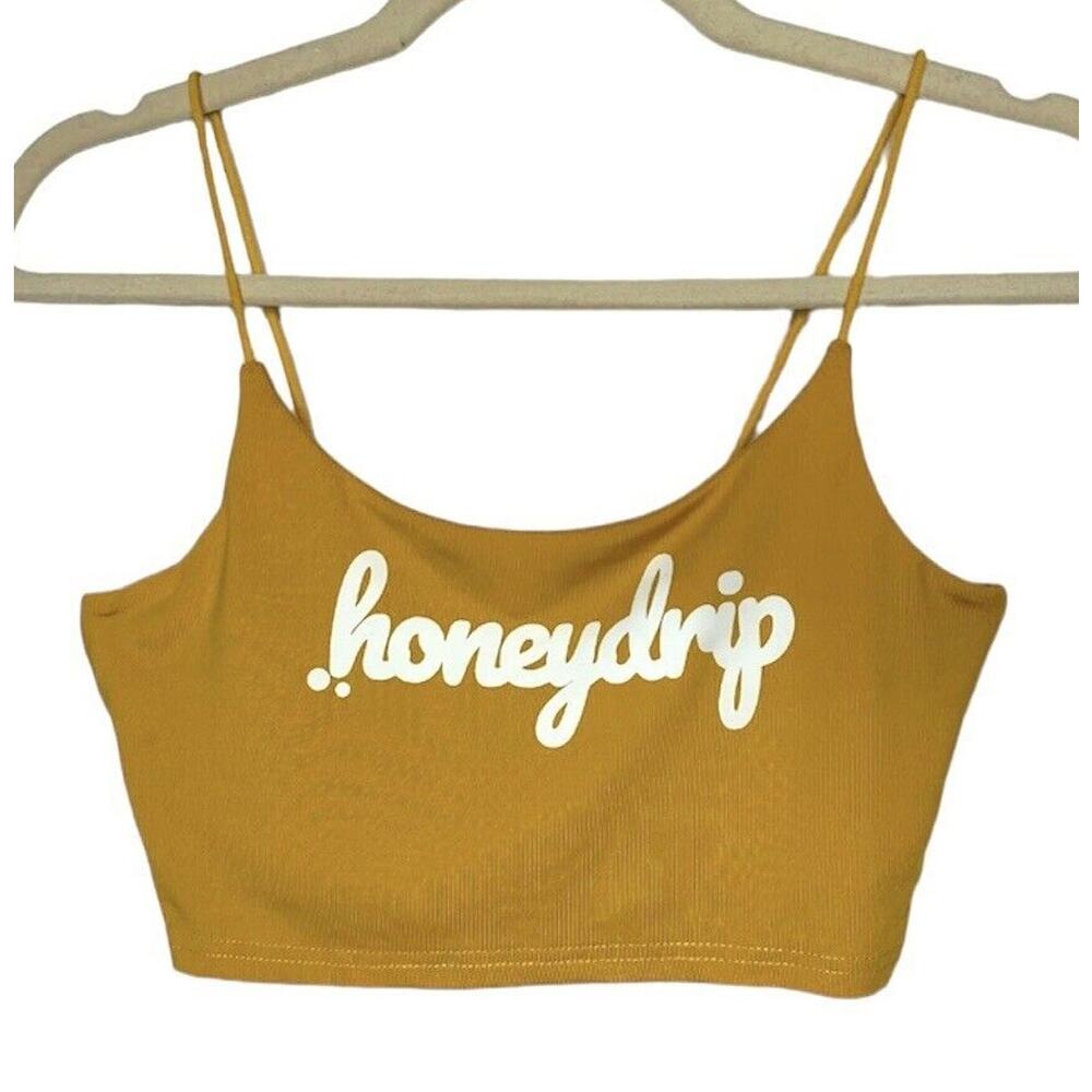 Mustard Yellow Honeydrip Graphic Crop Top Stretchy Spaghetti Strap Cami S